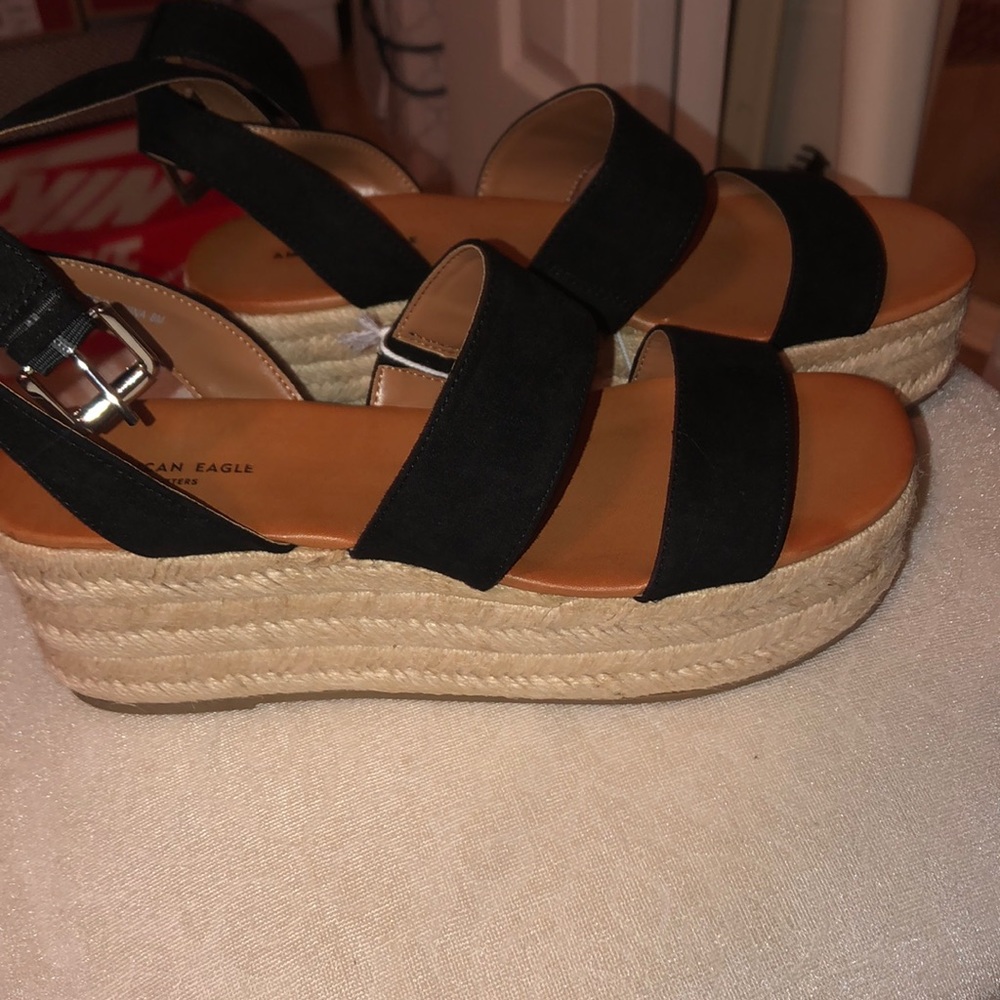 American eagle black espadrille wedge size 8